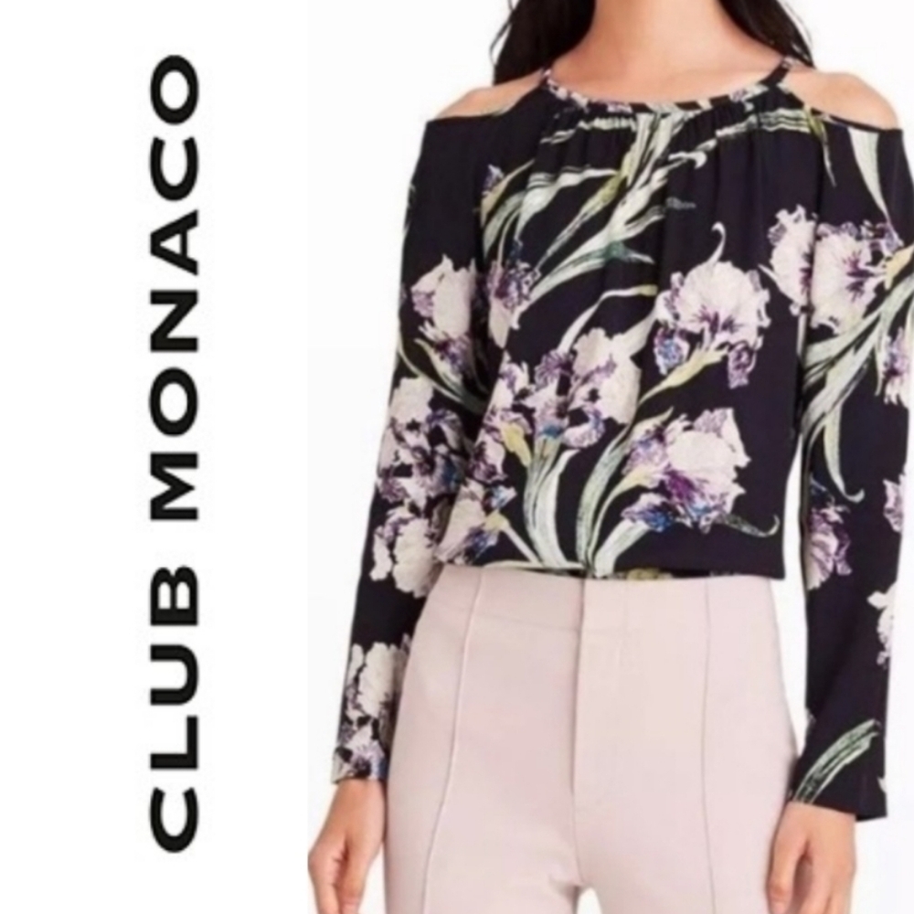 Club Monaco Sundith cold shoulder Blouse Top black floral